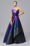 Buy_Amit Aggarwal_Blue Mesh Embroidered Striped Asymmetric Metallic Bandeau Gown _at_Aza_Fashions