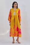 Buy_Archana Shah_Yellow Silk Pomegranate V Neck Conto Pomo Pattern Kimono Tunic _at_Aza_Fashions