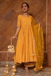 Buy_POMCHA JAIPUR_Yellow Print Bandhani Round Neck Bandhej Flared Anarkali Set _at_Aza_Fashions