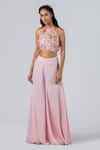 Buy_Suruchi Parakh_Pink And Georgette Print & Embroidery Neck Crop Top & Flared Pant Set _at_Aza_Fashions