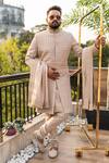 Buy_Decemberbyvivek_Beige Silk Hand Embroidery Floral All Over Leaf Sherwani Set _at_Aza_Fashions
