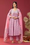 Buy_Abbaran_Pink Cotton Embroidery V-neck Floret Print Anarkali Palazzo Set _at_Aza_Fashions