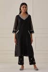 Buy_Kamaltaas_Black Chanderi Silk, Lining Mulmul Gota, Pittan Work V Neck Kurta _at_Aza_Fashions