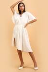 Buy_Label Ivish_Off White Silk, Velvet V-neck Asymmetric Gathered Dress _at_Aza_Fashions