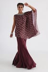 Buy_Smriti by Anju Agarwal_Brown Top Taffeta Printed Floral Boat One Shoulder Kaftan And Flared Pant Set _at_Aza_Fashions