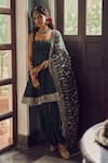 Buy_Lashkaraa_Green Silk Zari, Stones, Embroidery, Sequins Square Neck Dark Kurta Set _at_Aza_Fashions