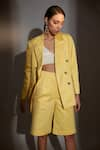 Buy_Betrue_Yellow Cotton Satin Notched Lapel Double Breasted Blazer And Shorts Set  _at_Aza_Fashions