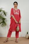 Buy_OMI_Coral Linen Embroidered Round Kaftan And Pant Set _at_Aza_Fashions