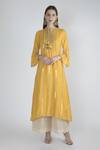 Buy_Gopi Vaid_Yellow Cotton Silk Printed Stripe Band Collar Sali Kaftan Tunic _at_Aza_Fashions