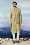 Buy_Rohit Gandhi + Rahul Khanna_Green Silk, Chanderi, Hemp Embroidery Malachite Embellished Bandhgala Kurta Set _at_Aza_Fashions