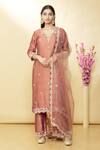Buy_Surbhi Shah_Brown Organza, Spun Silk Floral V Neck Hand Embroidered Kurta Set _at_Aza_Fashions