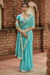 Buy_Vashisht Guru Dutt_Blue Chanderi Tissue And Organza Resham Thread & Zari Saree With Blouse _at_Aza_Fashions
