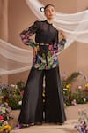 Buy_Dohr India_Black Shirt Organza Printed Tropical Mandarin Floral And Pant Set  _at_Aza_Fashions