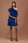 Buy_SHRIYA SOM_Blue Taffeta Embroidery Feathers One Shoulder Tiered Detail Dress  _at_Aza_Fashions