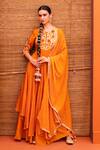 Buy_Kesar Studio_Orange Silk Embroidery Thread Round Bodice Layered Gown With Dupatta _at_Aza_Fashions