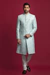 Buy_Jayesh Shah_Blue Lucknowi Embroidered Floral And Thread Sherwani Set  _at_Aza_Fashions