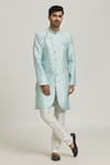 Buy_Adara Khan_Sky Blue Sherwani: Banarasi Jacquard Woven Floral Curved Hem With Pant For Men_at_Aza_Fashions
