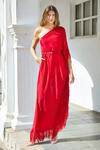 Buy_Style Junkiie_Red Natural Crepe Embellished One Shoulder Kaftan Dress With Belt  _at_Aza_Fashions