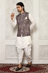 Buy_Aryavir Malhotra_Grey Dupion Silk Print Floral Flower Pattern Bundi Kurta Set _at_Aza_Fashions