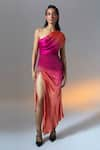 Buy_Aroka_Pink Modal Satin Plain One Shoulder Rosie Ruched High Slit Dress _at_Aza_Fashions