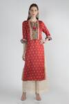 Buy_Gopi Vaid_Red Cotton, Silk Gota Patti Round Neck Vrindavan Lotus Print Tunic_at_Aza_Fashions