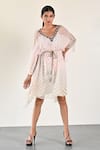 Buy_K-Anshika_Off White Georgette Leheriya Pattern And Embellished Beads Dress V Neck Tunic _at_Aza_Fashions