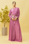 Buy_Samyukta Singhania_Purple Natural Crepe Embroidered Floral Notched Knotted Top And Flared Skirt Set _at_Aza_Fashions