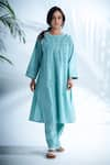 Buy_Pants and Pajamas_Blue Cotton Embroidered Chikankari Round Misty Kurta And Pant Set _at_Aza_Fashions