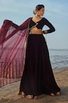 Buy_Monk & Mei_Wine Lehenga And Blouse Velvet Embroidered Sequin V Neck Flared Set _at_Aza_Fashions