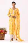 Buy_Abbaran_Yellow Cotton Cambric Print Flower Bloom Round Neck Block Kurta Set _at_Aza_Fashions