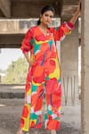 Buy_Pooja-Keyur_Multi Cotton Satin Print Splash V Neck Abstract Jumpsuit  _at_Aza_Fashions