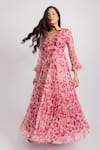 Buy_AROOP SHOP INDIA_Pink Recycled Chiffon Printed Floral V Neck Michelle Pleated Dress _at_Aza_Fashions