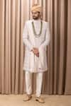 Buy_Ankit V Kapoor_Beige Cotton Embroidery Thread Imran Geometric Sherwani Set _at_Aza_Fashions