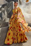 Buy_Awigna_Yellow Crepe Print And Embroidery Mezar Pre-draped Saree With Blouse _at_Aza_Fashions