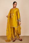 Buy_Sue Mue_Yellow Raw Silk Embroidery Zari And Resham Thread Work Round & Kurta Pant Set _at_Aza_Fashions