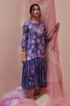 Buy_Saundh_Blue Cotton, Chiffon Gota Patti, Beads, Embroidery Petunia Printed Tiered Dress _at_Aza_Fashions