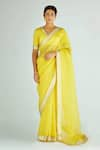 Buy_PRIYAL PRAKASH_Yellow Saree- Silk Organza Embroidery Zari V Neck Sequin With Blouse _at_Aza_Fashions