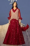 Buy_Nikita Vishakha_Red Jersey Embroidery V-neck Cuff Gown With Jacket _at_Aza_Fashions