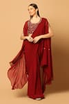 Buy_Two Sisters By Gyans_Maroon Chiffon Embroidery, Mirrors Round Neck Cape And Pre-draped Saree Set _at_Aza_Fashions