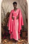 Buy_House Of Fett_Pink Satin And Lurex V Neck Attached Drape Gown With Quilted Belt _at_Aza_Fashions