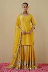 Buy_Mint blush_Yellow Kurta And Sharara Raw Silk Embroidered Mirrors Round Sheesha Set _at_Aza_Fashions