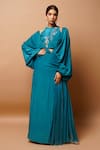 Buy_Ahi Clothing_Blue Heavy Crepe And Net Hand Embroidered Zardosi Halter Long Gown With Bustier _at_Aza_Fashions