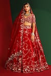 Buy_Mahima Mahajan_Red Velvet Embroidery Thread Sweetheart Neck Hena Bridal Lehenga Set _at_Aza_Fashions