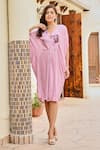 Buy_Palak & Mehak_Pink Rayon Crepe Lurex Printed Floral V Neck Aaliyah Stripe Kaftan Dress _at_Aza_Fashions