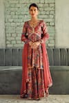 Buy_KARAJ JAIPUR_Maroon Kurta And Sharara- Muslin Printed Botanical Patterns V Neck Flared Set _at_Aza_Fashions