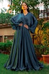 Buy_OMANA BY RANJANA BOTHRA_Blue Satin Hand Embroidered Sequin Work V Neck Pleated Draped Gown _at_Aza_Fashions