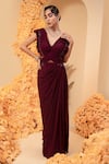 Buy_Adi By Aditya Khandelwl_Wine Georgette Embroidery Crystals V Neck Draped Gown _at_Aza_Fashions