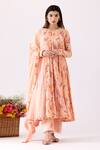 Buy_Abbaran_Peach Cotton Embroidery, Lace Round Neck Flower Block Print Anarkali Set_at_Aza_Fashions