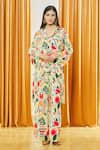 Buy_LABEL SHRISTI CHETANI_Yellow Crepe Printed Flower Shawl Collar Shirt And Pant Set _at_Aza_Fashions