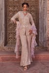 Buy_Nidhika Shekhar_Beige Georgette Embroidery Feather V Neck Ganga Mahotsav Kurta Sharara Set _at_Aza_Fashions